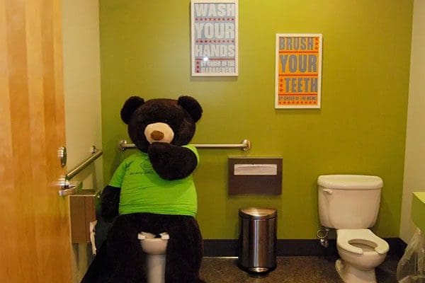 Picture of teddy in restroom
